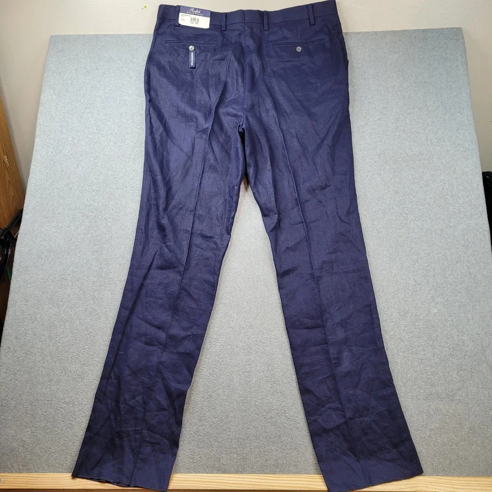 Ralph Ralph Lauren Eddie Dress Pants Mens 42x34 Navy Blue 100% Linen Big & Tall